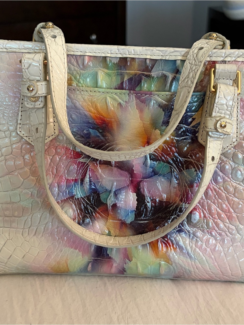 Brahmin White Croc-Embossed Tote with Multicolor Prism Ombre Melbourne Design - Picture 4 of 6